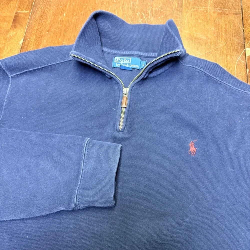 VTG Polo Ralph Lauren 1/4 Zip Pullover Mens L Navy Blue Cotton Pony Logo Sweater